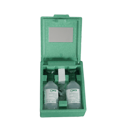 Plum øjenskylleflaske Steril NaCl opløsning 2 x 500 ml flaske inkl. spejl